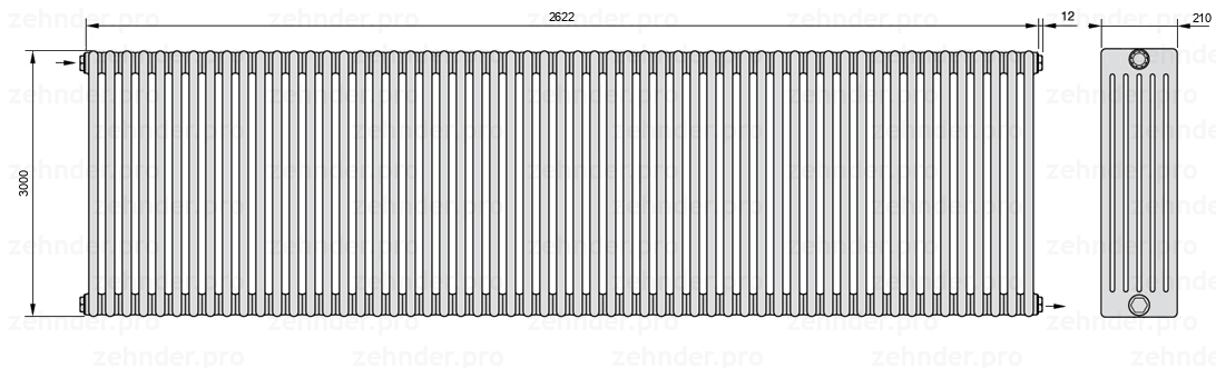 Схема (чертеж) Радиатор Zehnder Charleston 6300/57 №1670 Белый глянцевый RAL 9016